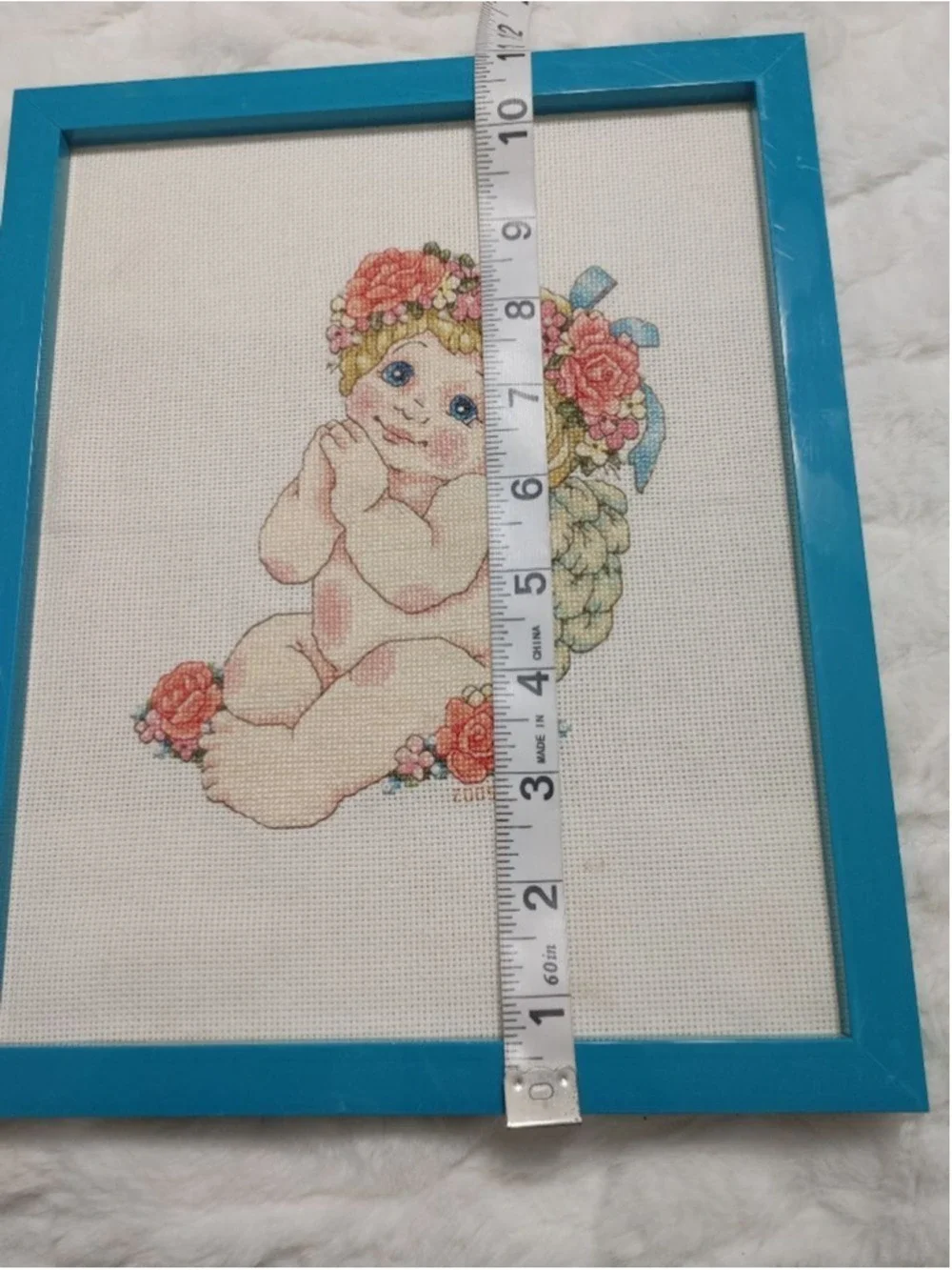 Handmade Blue and White Angel Cherub Cross Stitch Picture Frame 9x11